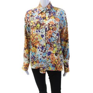 Odeeh Womens Silk Long Sleeve Floral Print Button Down Blouse Multi Size 36